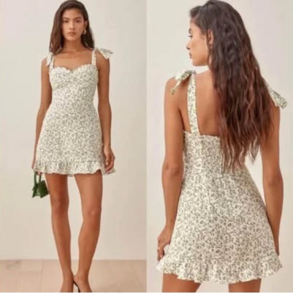 Reformation White with Green Detail Mini Dress, size 8